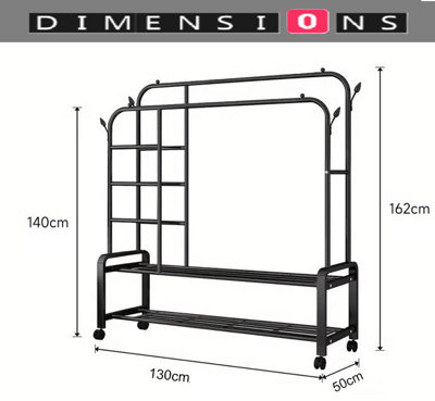 Black Heavy Duty Double Clothes Rail with Wheels - Garment Hanging Rack ...