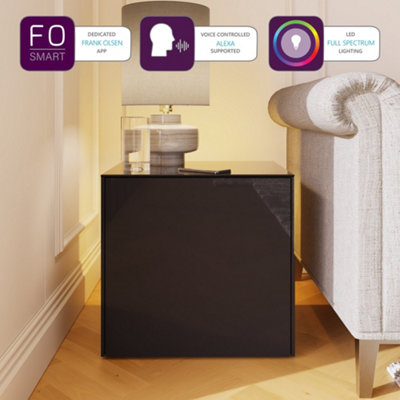 Black high gloss side table with wireless phone charging and Alexa operated ambient lighting