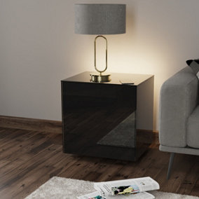 Black high gloss SMART side table with wireless phone charging and Alexa operated ambient lighting