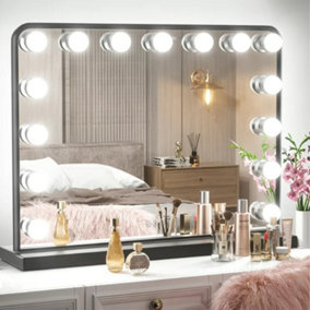 Black Hollywood Makeup Vanity Mirror with 15 Dimmable LED Bulbs, 3 Color Lighting, Touch Control 50cm W x 40cm H