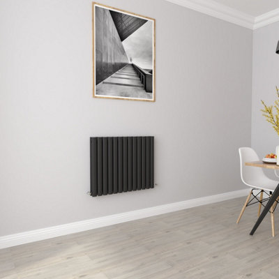 Black Horizontal Double Oval Column Radiator (H)600mm (W)767mm 5064 BTU Steel Compatible for Central Heating System