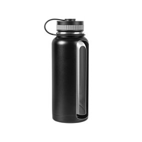 Black Jumbo Thermos Flask - Stainless Steel Insulated Bottle with Silicone Sealed Cap for Hot & Cold Drinks - 1L Capacity