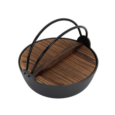 Black Kitchen Cast Iron Round Casserole Pot Stew Pot with Wooden Lid for Campfire Cooking 3L