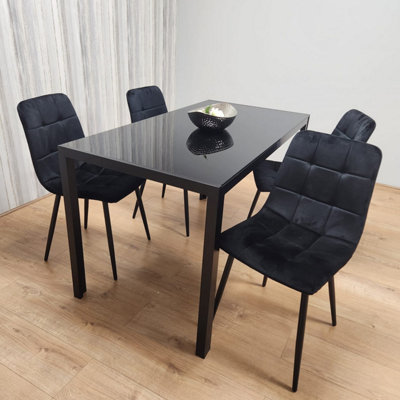 Black Kitchen Dining Table And 4 Black Tufted Velvet Chairs Set Of 4 ...