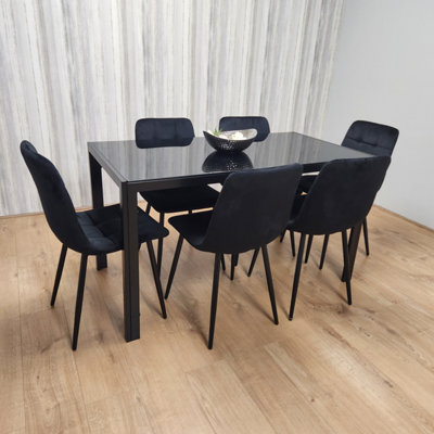 Black Kitchen Dining Table And 6 Black Tufted Velvet Chairs Set Of 6 ...
