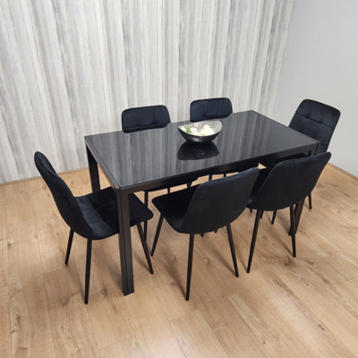 Black Kitchen Dining Table And 6 Black Tufted Velvet Chairs Set Of 6 Dining Room Furniture