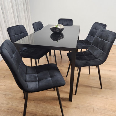 Black Kitchen Dining Table And 6 Black Tufted Velvet Chairs Set Of 6 Dining Room Furniture