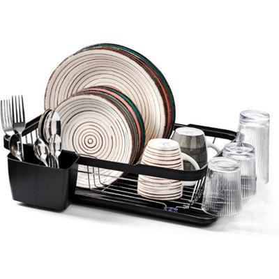Black Kitchen Dish Drainer Rack with Plastic Drip Tray Cutlery Holder