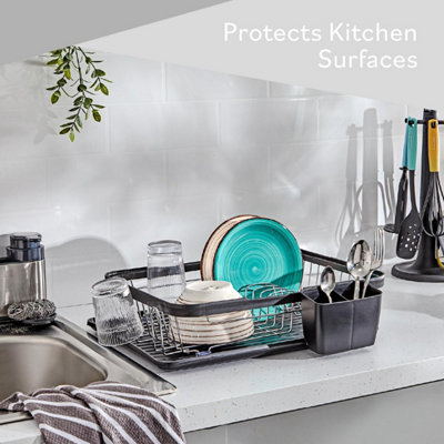 Black Kitchen Dish Drainer Rack with Plastic Drip Tray Cutlery Holder