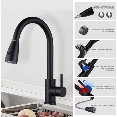 Black kitchen faucet pullout shower stainless steel two jet types high ...