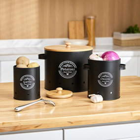 Black Kitchen Storage Bin Set for Potato Onion and Garlic with Peeler Vegetable Fresh Keeper