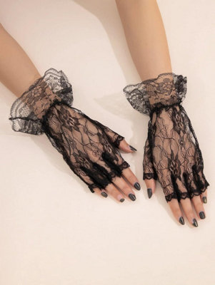 Black Lace Fingerless Gloves - One Size Womens Halloween