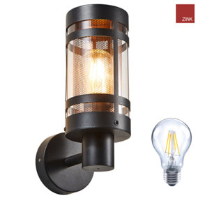 Black Lantern Wall Light Mains Powered with Brass Mesh: Bulb Included