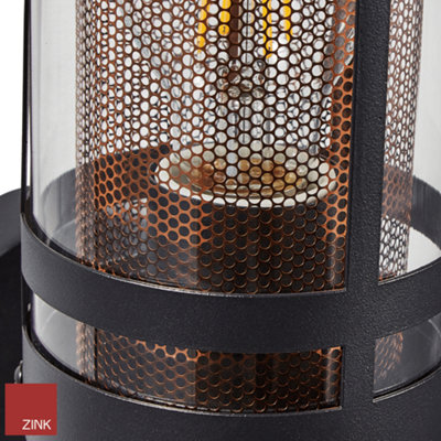 Black Lantern Wall Light Mains Powered with Brass Mesh: Bulb Included