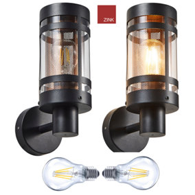 Black Lantern Wall Lights Mains Powered with Brass Mesh: Bulbs Included - Twin Pack