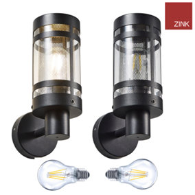 Black Lantern Wall Lights Mains Powered with Stainless Steel Mesh: Bulbs Included - Twin Pack