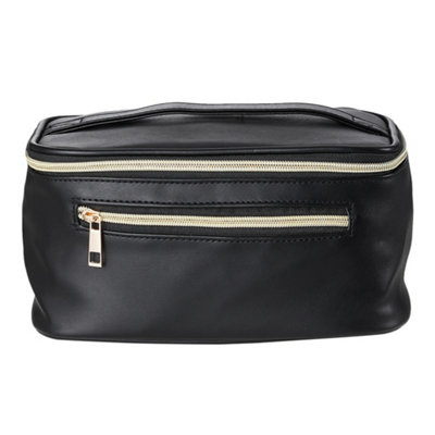 Black Large PU Leather Waterproof Travel Makeup Bag with Compartments