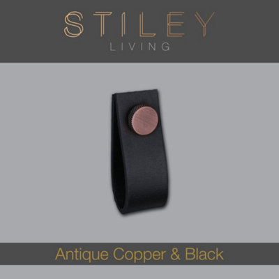 Black Leather Pull  With Knurling Fixing - Antique Copper