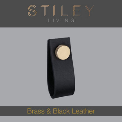 Black Leather Pull  With Knurling Fixing - Brass