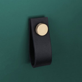 Black Leather Pull  With Knurling Fixing - Brass