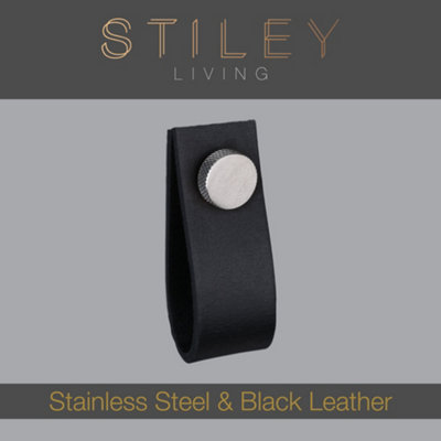 Black Leather Pull  With Knurling Fixing - Stainless Steel