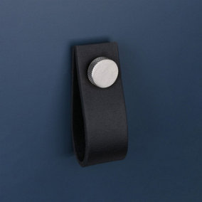 Black Leather Pull  With Knurling Fixing - Stainless Steel