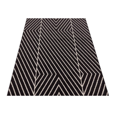 Black Linear Modern Easy to clean Rug for Dining Room-200cm X 290cm