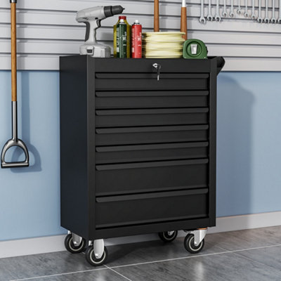 Black Lockable 7 Drawers Heavy Duty Metal Workshop Tool Trolley Rolling Cabinet