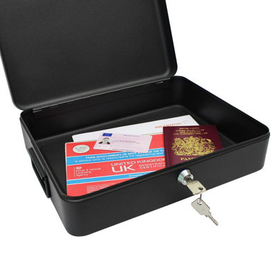 Black Lockable Security Box Floor or Wall Mountable Steel Safe for Important Documents Passports Paperwork H9 x W30 x D24cm