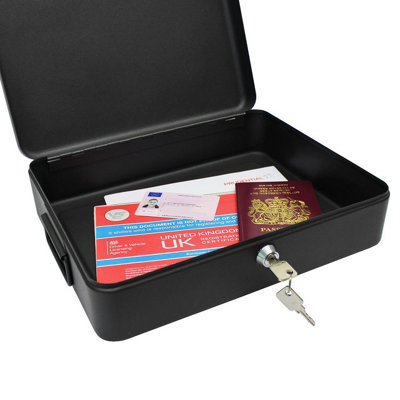 Black Lockable Security Box - Floor or Wall Mountable Steel Safe for Important Documents, Passports & Paperwork - H9 x W30 x D24cm