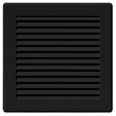 Black Louvred Wall Vent Grille with Flyscreen and Screw Covers, 150 x 150 mm, Air Ventilation Duct Cover with Flat Back