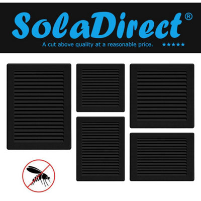 Black Louvred Wall Vent Grille with Flyscreen and Screw Covers, 150 x 150 mm, Air Ventilation Duct Cover with Flat Back