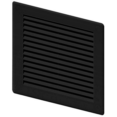 Black Louvred Wall Vent Grille with Flyscreen and Screw Covers, 150 x 150 mm, Air Ventilation Duct Cover with Flat Back
