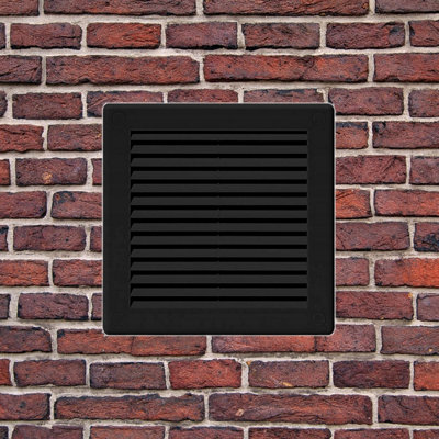 Black Louvred Wall Vent Grille with Flyscreen and Screw Covers, 150 x 150 mm, Air Ventilation Duct Cover with Flat Back