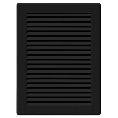 Black Louvred Wall Vent Grille with Flyscreen and Screw Covers, 180 x 250 mm, Air Ventilation Duct Cover with Flat Back