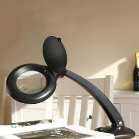 Black Magnifying Table Lamp - 1.75x Magnifier Visual Aid with Adjustable Arm, 360 Rotating Head & Light for Reading, Arts, Crafts