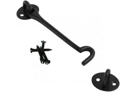 Black Malleable Iron Cabin Hook and Eye Latch 250mm Gate, Door & Window Secure Latch Durable Metal Hook for Shed Closet & Cabinet