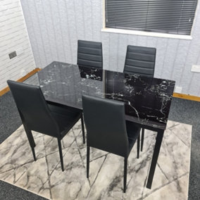 Black Marble Effect Dining Table and 4 Black PU Faux Leather Metal Chairs Dining Table Set