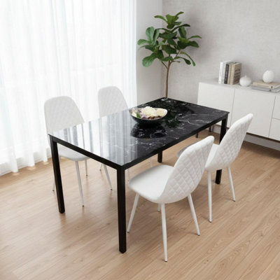 Black Marble Effect Dining Table with 4 White Gem Pattern Faux Leather ...