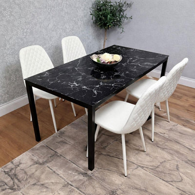 Black Marble Effect Dining Table with 4 White Gem Pattern Faux Leather ...
