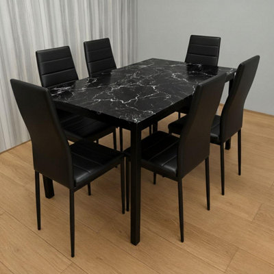 Black Marble Effect Dining Table with 6 Black Faux Leather Chairs ...