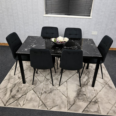 Black Marble Effect Dining Table with 6 Black velvet tuffted Chairs ...
