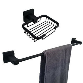 Black Matt Finish Wall Mounted Bathroom Accessory Towel Rail Soap Dish Holder