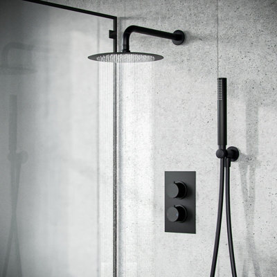 Black Matt Round Concealed Thermostatic Mixer Valve Hand Held Shower Set Temel