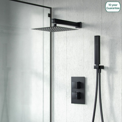 Black Matt Square Rainfall Shower Head with Hand Held Thermostatic Valve Temel