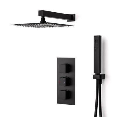 Black Matt Square Shower Head Concealed Thermostatic Mixer Valve HandHeld - 3