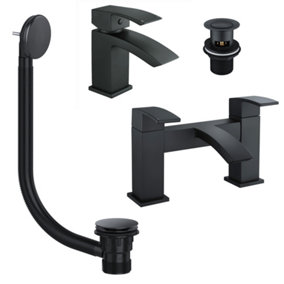 Black Matt Waterfall Basin & Bath Filler Tap Lever Square Deck Mounted Inc. Bath Waste