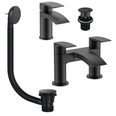 Black Matt Waterfall Basin & Bath Filler Tap Lever Square Deck Mounted Modern Inc. Bath Waste