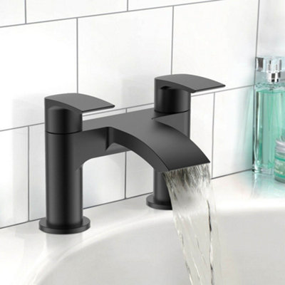 Black Matt Waterfall Basin & Bath Filler Tap Lever Square Deck Mounted Modern Inc. Bath Waste - 4