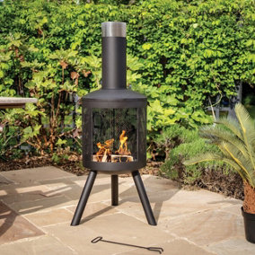 Black Maxima Chimenea - Metal Outdoor Garden Patio Log Wood Burner Fire Pit with Mesh Sides & 360 Flame View - H125 x 40cm